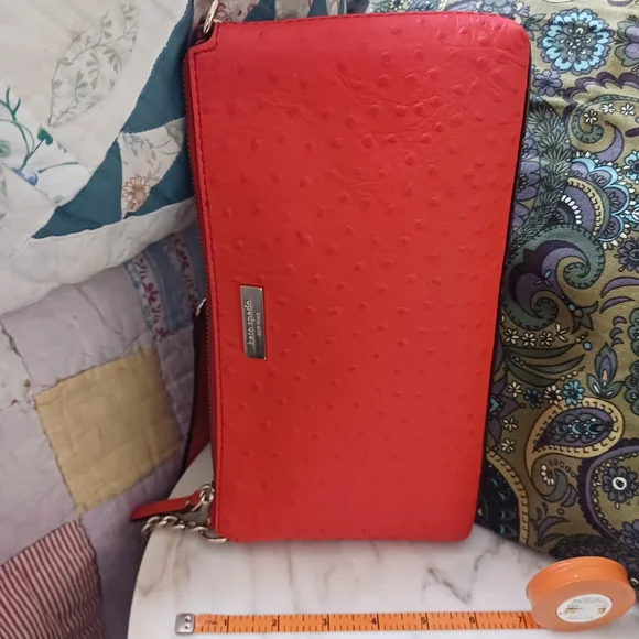 NWOT Kate Spade Red Ostrich Embossed Shoulder Bag, Gold Chain Strap - Picture 9 of 12